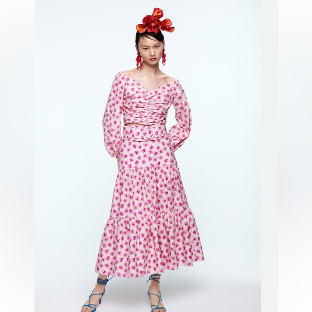 Zara Belted Floral Printed Skirt & Shirt Set Size Small